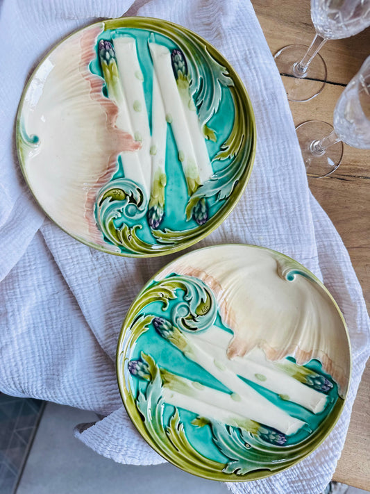 RARE! 2 assiettes à asperges en barbotine Luneville De Raymonde à Zoé