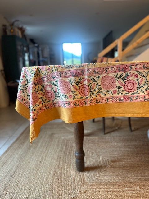 Nappe indienne block print. Modèle "Roshan" rose 160x230cm De Raymonde à Zoé