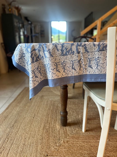 Nappe indienne block print. Modèle "Thali" bleu 160x230cm De Raymonde à Zoé